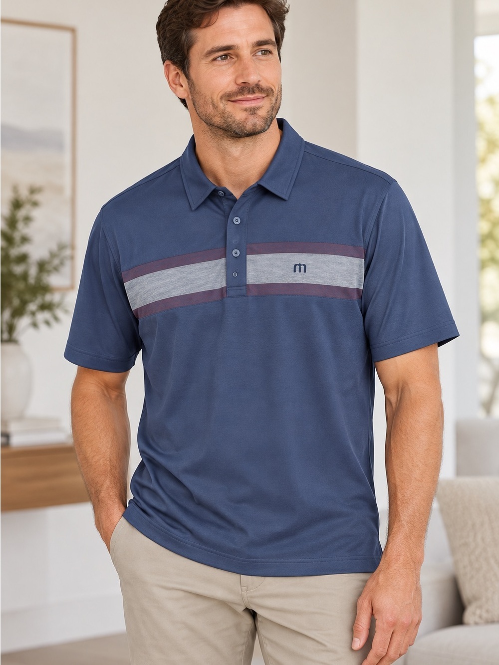 Travis Mathew Navy Polo with Horizontal Chest Stripe